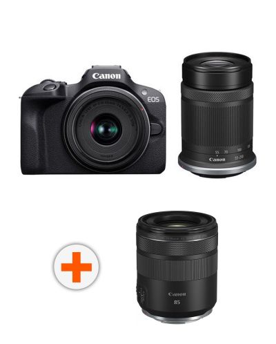 Фотоапарат Canon - EOS R100, RF-S 18-45mm f/4.5-6.3 IS STM, RF-S 55-210mm f/5-7.1 IS STM,Black + Обектив Canon - RF 85mm f/2 Macro IS STM - 1